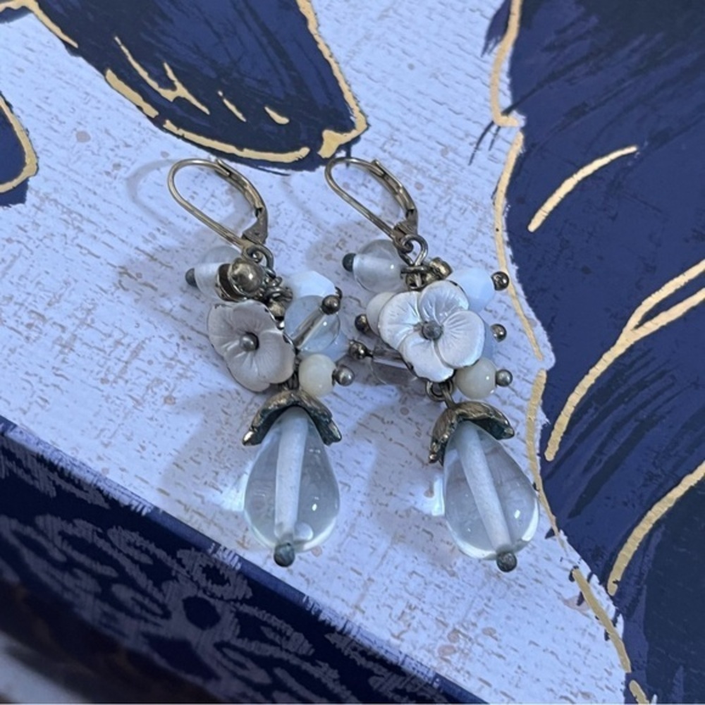 Vintage 00s Elegant Beaded Floral Drop Earrings White Cream Glass and Brass C1